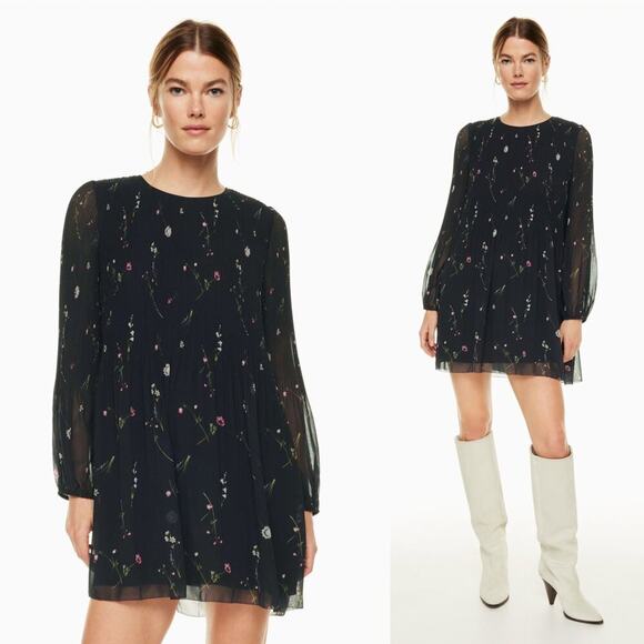 Aritzia Wilfred Black/Pink Floral Print Long Sleeve Pleated Mini Dress Sz Small - Picture 1 of 9